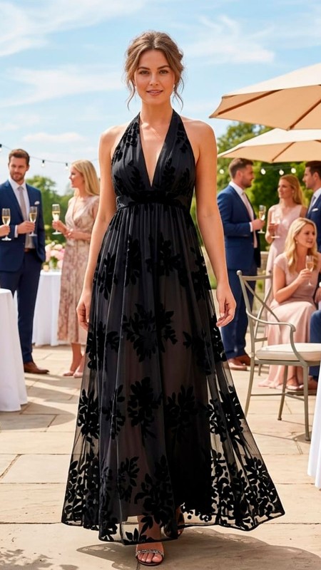 VESTIDO NEGRO FLOREADO CON ABERTURAS